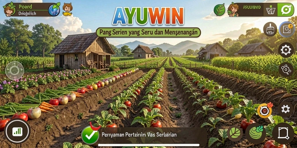 Screenshot utama AYUWIN menampilkan suasana pertanian yang cerah dan dinamis.