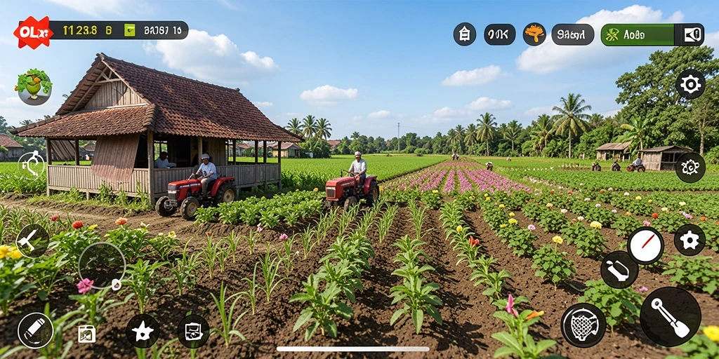 Screenshot utama OLX128 menampilkan gameplay seru dalam bertani.