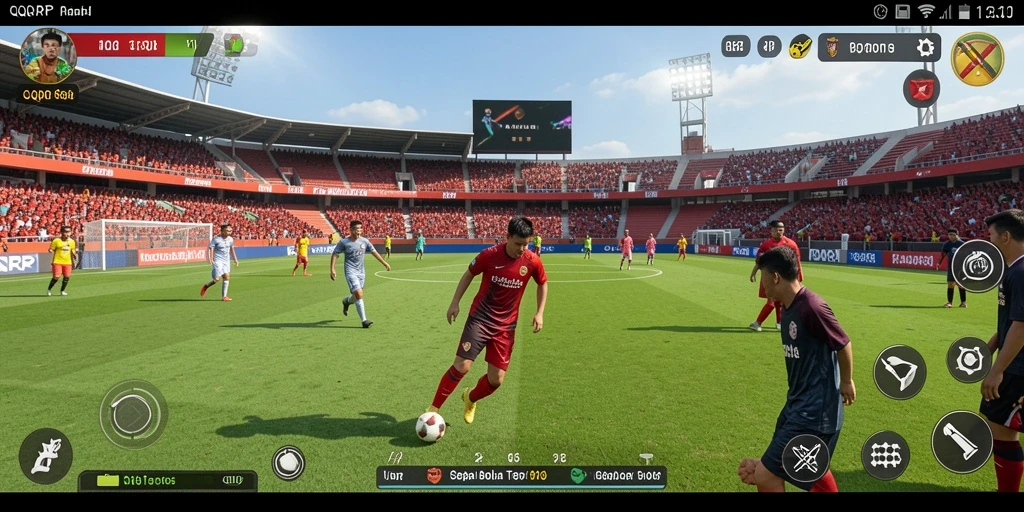 Screenshot gameplay QQRP menampilkan aksi pemain sepak bola yang penuh semangat.