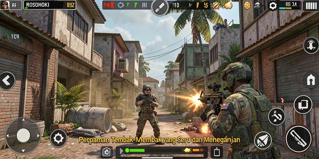 Tangkapan layar dari ROSOHOKI menampilkan aksi gameplay TPS yang seru.