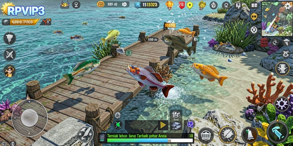 Tangkapan layar gameplay RPVIP3 menampilkan aksi menembak ikan yang mendebarkan.