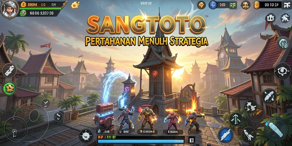 Screenshot gameplay <strong>SANGTOTO</strong> yang menampilkan serangan menara melawan gelombang musuh.
