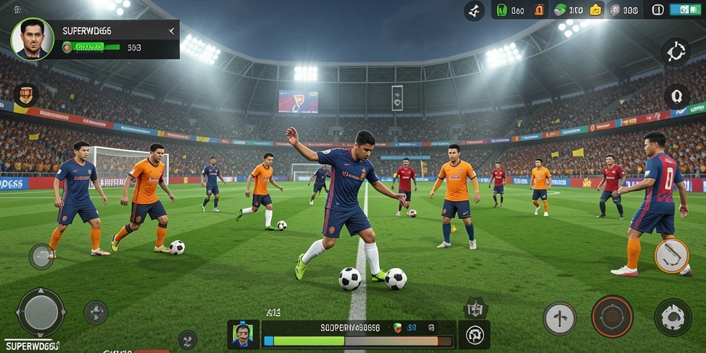 Screenshot utama SUPERWD666 menampilkan aksi mendebarkan di lapangan sepak bola.