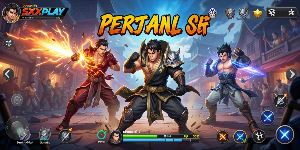 Screenshot menunjukkan karakter bertarung di arena penuh aksi.