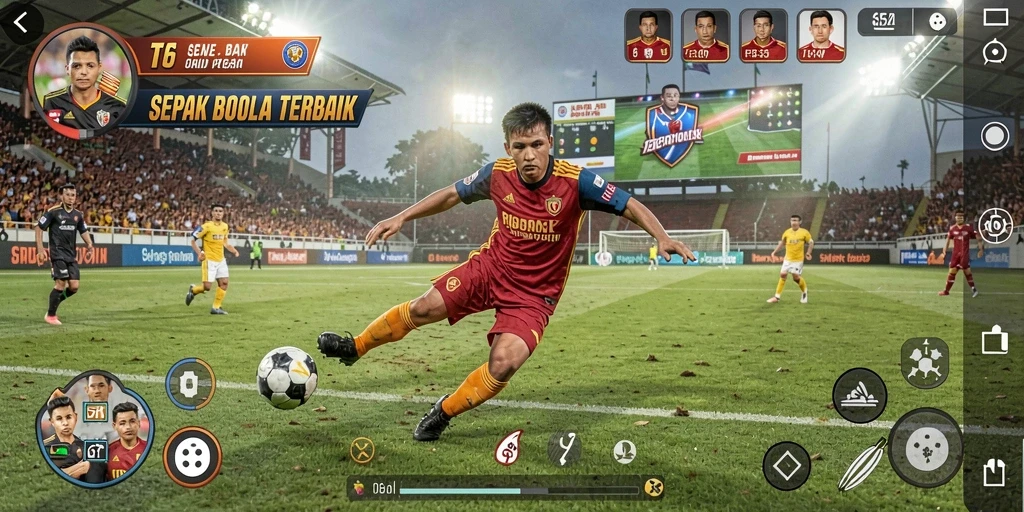 Screenshot permainan T6 menampilkan aksi intens di lapangan sepak bola.